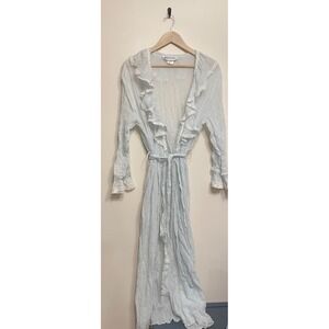 Vtg Priamo‎ Robe Women Large Blue Lace Ruffle Tie Maxi Long Gauzy Sheer Lounge